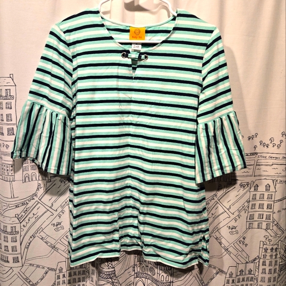 Ruby Rd. Tops - NWOT Women's Ruby Rd Striped Bell Sleeve Top Teal Black White Size Medium